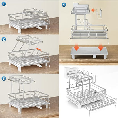 YEYPOP 2 Tier Expandable Dish Drying Rack, Stainless Steel Dish Rack w Drainboard, Large Dish Drainer for Kitchen Counter, w Cup Holder and Cutting Board Rack