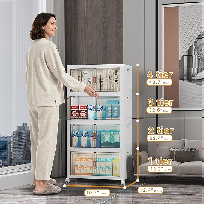 Extra Large Stackable Storage Bins, Lockable Storage Bins with Lids, Folding Storage box with Doors and Wheels, Collapsible Plastic Drawers for Home, Garage, Office (8, White, Medium)