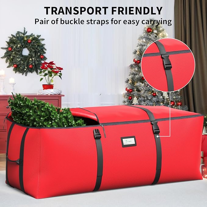 Christmas Tree Storage Bag, Fits Up to 9 Ft Artificial Christmas Tree with Buckle Straps & Dual Zippers & Handles, 600D PVC Durable Waterproof Material Protects from Dust.(Red)