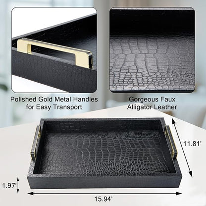 Black Serving Tray with Handles, Large Alligator Faux Leather Decorative Tray, Coffee Table, Ottoman Rectangular Trays for Home Decor, for All Occasions,16" x 12"