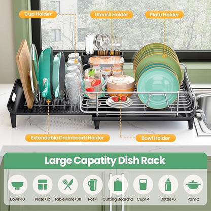 TOOLF Dish Drying Rack - Large Expandable Dish Rack for Kitchen Counter, Stainless Steel Dish Drainer for Kitchen Organization with Cutlery ＆ Cup Holder, Black