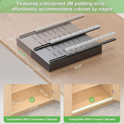 Expandable Pull-Out Cabinet Organizer - Black, 21" D x Adjustable Width 12.6-20.47", No Drill Adhesive Installation with 3-Slide Rails for Kitchen Storage (2 Pack)