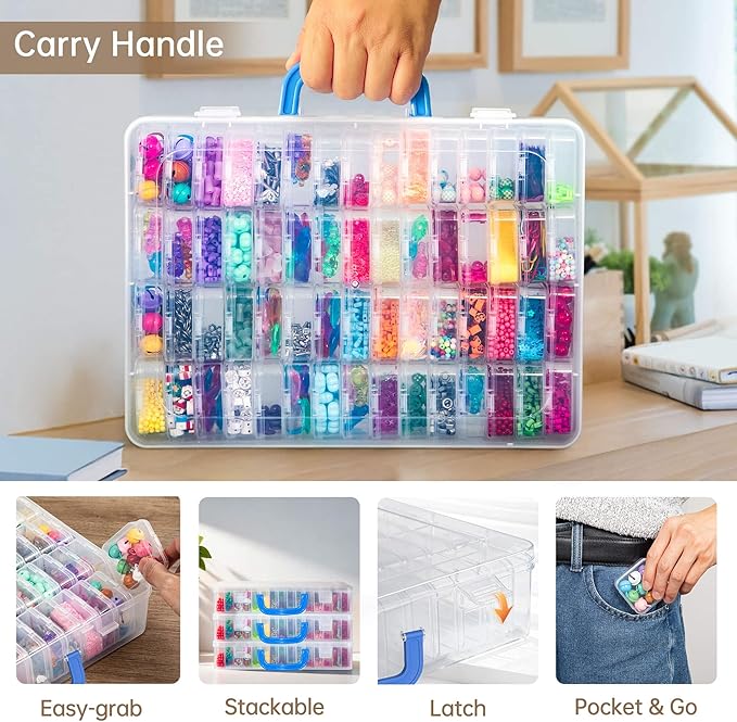 Bead Organizer Box with Handle, 61Pcs Small Bead Storage Boxes with Hinged Lid and Portable Craft Case, Mini Clear Plastic Container for Jewelry Making Supplies Bracelet Screws Seeds Nails Small Parts