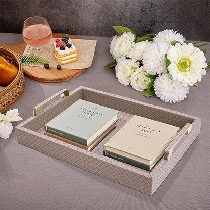 Decorative Serving Tray for Coffee Table, 16"x12" Large Rectangular Ottoman Tray with Gold Handles Faux Leather Serving Trays for Home Decor Living Room, Kitchen and Bedroom -Tan