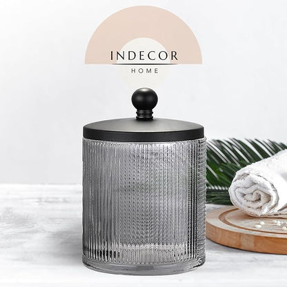 Indecor Home Gray Colored Tranlucent Apothecary Ribbed Geo Etched Glass Jar W/Matte Black Metal Lid Cover for Bathroom Organization, Cotton Balls, Q Tips, and Small Accessories, Bathroom Storage