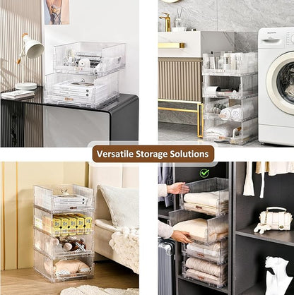 AOTENG STAR Stackable Closet Organizers and Storage Box, Clear Plastic Drawer Shelf Storage Basket for Bathroom Kitchen Laundry Room Wardrobe Storage (4 pack)