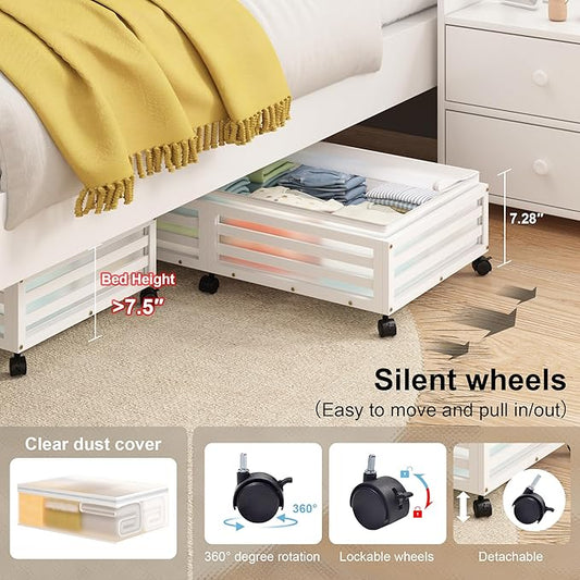 Wisuce Home Under Bed Storage Containers With Wheels - 2 Pcs Large Bamboo Wood Rolling Underbed Shoe Storage Bins With Dust Bags for Clothes Blankets, Duvet Covers Snacks Toys (White)