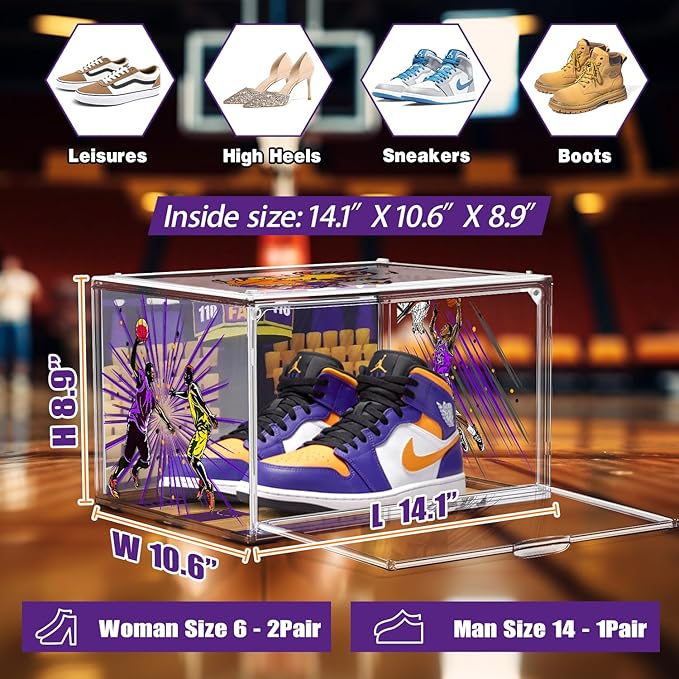 DAYOOH 10 Pack Acrylic Shoe Box Size 14, Transparent Basketball Sneaker Case Shoe Orgainizer Storage Bins Clear Plastic Stackable Handbag Purse Hats Organizer Containers with Lids