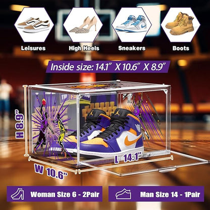 DAYOOH 10 Pack Acrylic Shoe Box Size 14, Transparent Basketball Sneaker Case Shoe Orgainizer Storage Bins Clear Plastic Stackable Handbag Purse Hats Organizer Containers with Lids