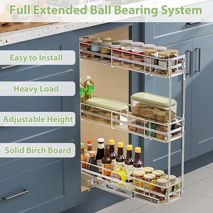 ROOMTEC 3-Tier Pull Out Cabinet Organizer Spice Rack for Narrow Cabinet 7" W x 20½" D, Slide Out Wood Shelves Storage for Kitchen