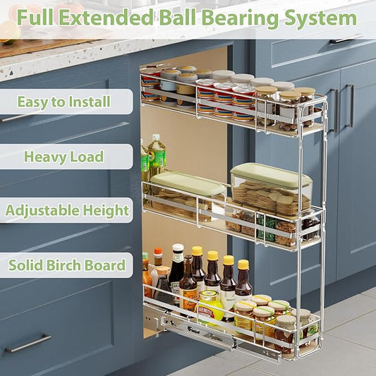 ROOMTEC 3-Tier Pull Out Cabinet Organizer Spice Rack for Narrow Cabinet 7" W x 20½" D, Slide Out Wood Shelves Storage for Kitchen