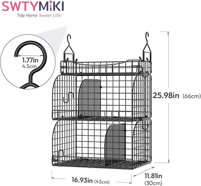 SWTYMIKI Hanging Closet Organizer Storage - 3 Tier Metal Stackable Hanging Closet Shelves with Dividers and S Hooks, Foldable Clothes Shelves for Clothes, Pants, Shoes, Coat, Hats Clutches Accessories