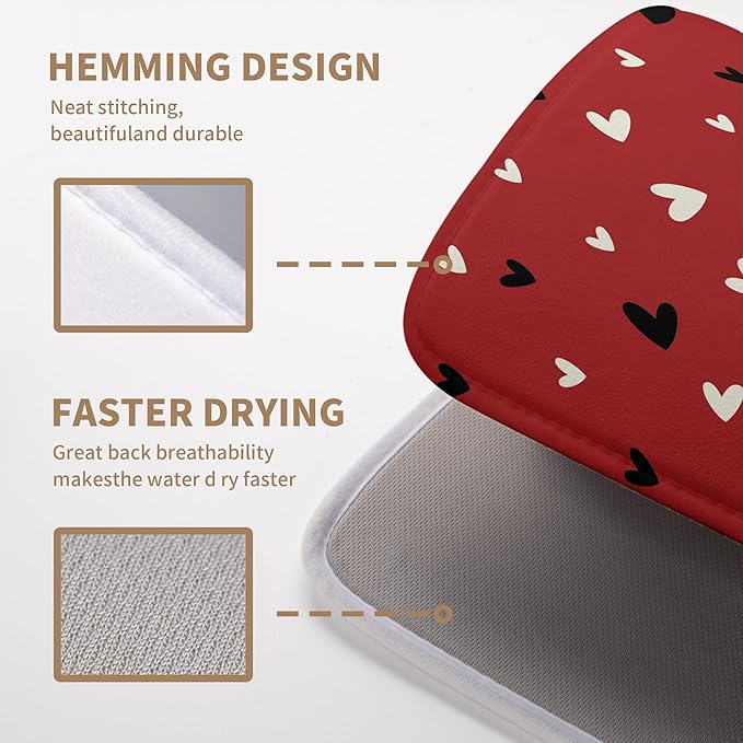 Wnoesat Valentine Dish Drying Mat for Kitchen Counter Valentines Day Red Black Love Heart Holiday Drying Mats Absorbent Microfiber Dish Draining Mat Extra Large Dish Rack Pad 18x24 Inch
