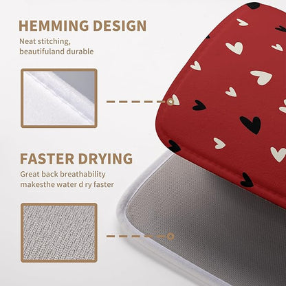Wnoesat Valentine Dish Drying Mat for Kitchen Counter Valentines Day Red Black Love Heart Holiday Drying Mats Absorbent Microfiber Dish Draining Mat Extra Large Dish Rack Pad 18x24 Inch