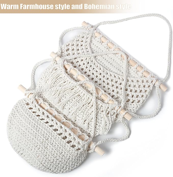 3 Tier Hanging Fruit Baskets for Kitchen, Boho Cotton Rope Handwoven Vegetable Hammock Produce Storage Wall Mounted Large Organizing Basket for Farmhouse Decor, Over The Door, Onion, Potato (White)