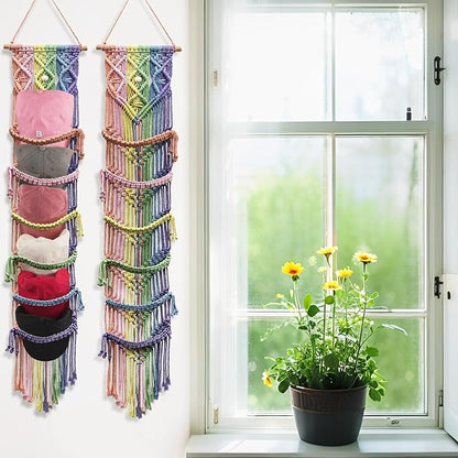 KaloKalo 2PCS Macrame Cap Holder Boho Hat Hangers Over Door Decorative Bohemian Handmade Ball Cap Rack Organizer Woven Wall Hanging for Baseball Cap Display Decorations (Rainbow, Up to 24 Caps)