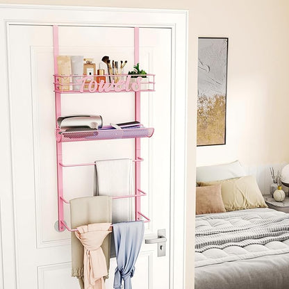 SWTYMIKI SWTYMIKI Over The Door Towel Racks for Bathroom - 5-Tier Wall Mounted Bathroom Towel Storage Organizer Holder with Metal Shelf, Pink