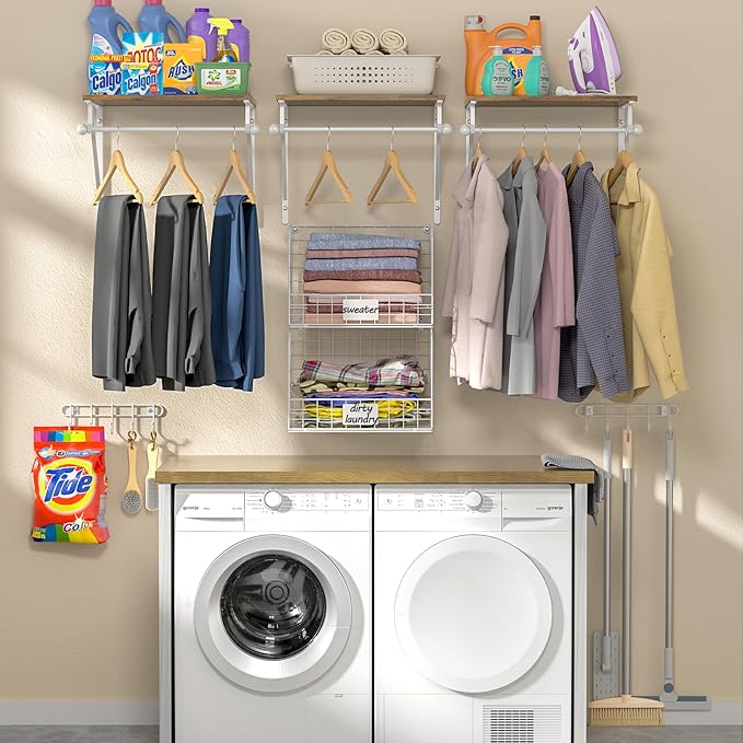 2 Set Laundry Room Wall Mounted Shelves With Wire Storage Baskets, Over Washer and Dryer With Hanging Rods and Hooks, for Organization and Storage, White, Wooden