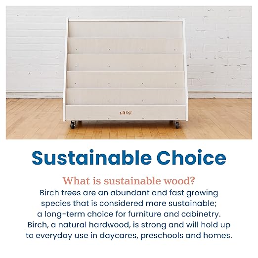 ECR4Kids Double-Sided Wooden Mobile Book Display and Storage, Montessori Furniture, White Wash