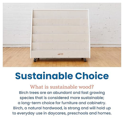 ECR4Kids Double-Sided Wooden Mobile Book Display and Storage, Montessori Furniture, White Wash