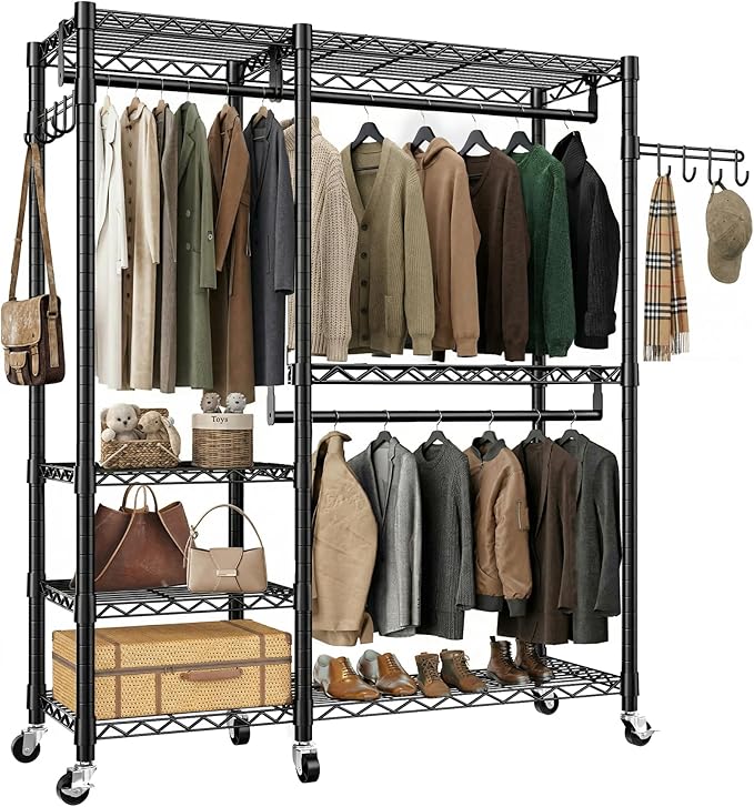 Rolling Heavy Duty Clothes Racks for Hanging Clothes, Portable Garment Clothing Rack with Shelves Double Rods and Side Hooks, Freestanding Wardrobe Closet Organizer Storage, 45"X17.1"X76.4"