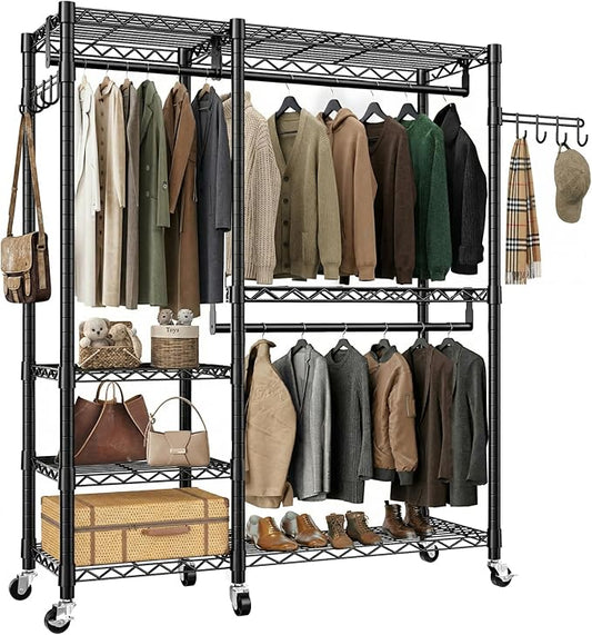 Rolling Heavy Duty Clothes Racks for Hanging Clothes, Portable Garment Clothing Rack with Shelves Double Rods and Side Hooks, Freestanding Wardrobe Closet Organizer Storage, 45"X17.1"X76.4"
