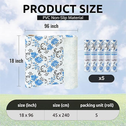 FIFTY FEET 18X96 Inch Shelf Liner for Kitchen Cabinets, PVC Drawer Liner for Dresser Non-Slip Bathroom, Non-Adhesive Cabinet Liner Washable (Blue Floral)(5 Roll)