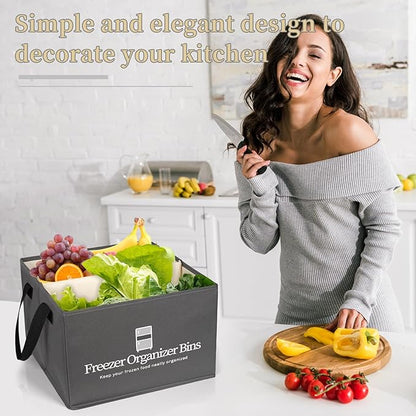 Freezer Organizer Bins, 2 Pack Collapsible Deep Freezer Organizer Bins for 15"x14"x9", freezer Storage Bins with Removable Dividers, Handles (Dark Grey, 2 Pack)