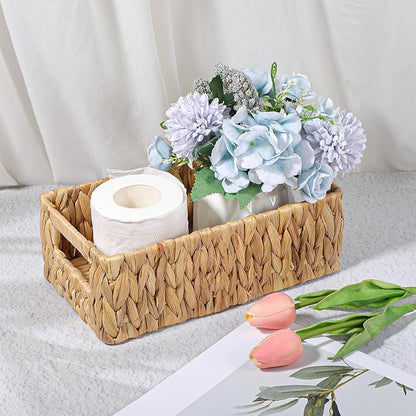 Water Hyacinth Baskets for Shelves Rattan Woven Basket Storage Organizer Bins with Built-in Handles Decorative Shallow Rectangle Pantry Organizers for Organizing Countertop Bathroom