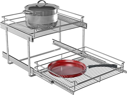 2-Tier Cabinet Pull Out Shelves (20" W x 22" D), Slide Out Shelves for Kitchen Cabinets, Metal Pots and Pans Organizer for Under Cabinet