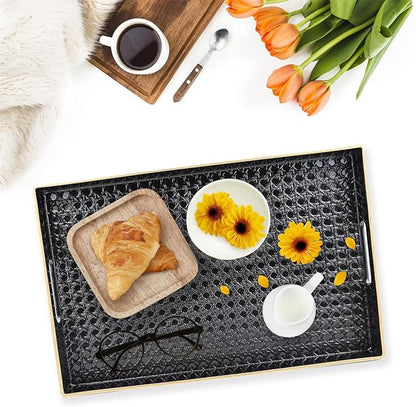 Black Decorative Coffee Table Tray, Rectangular Plastic Serving Tray with Handles for Living Room, Ottoman, Bathroom, 15.7"*10.2"