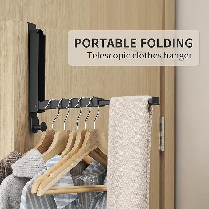 RFOUO Clothes Drying Rack Foldable Fit Door up to 1 3/8" Optimal 1pc,Over The Door Hanger with Retractable Rod,Over The Door Hanger Hooks for Laundry Bathroom Bedroom Travel Hangers(Black, 1 Pack)