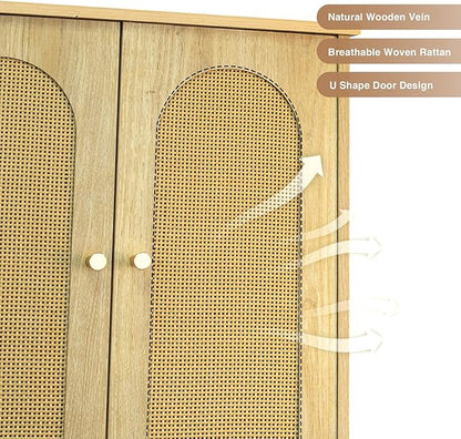 FiveWillowise Rattan Toilet Storage Cabinet, Over The Rack Wood Cabinet with Metal Stand, Bathroom Organizer with Adjustable Shelf, Tall Freestanding Washer Shelf, Small Cupboard, Natural