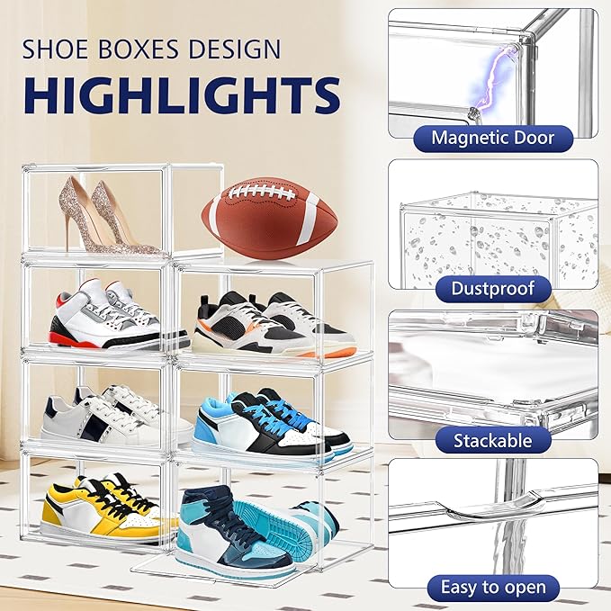 EZJOB 2 Pack Acrylic Clear Shoe Storage Boxes Size 12, Transparent Display Case for Sneaker Collections, Baseball Caps, Hat Organizer Dust-free Shoe Cubbies Stackable Sneaker Boxes
