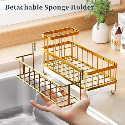 Consuemst Sponge Holder for Kitchen Sink - Auto Draining Sink Caddy Organizer with Detachable Rack, High Brush Holder, Kitchen Countertop Storage Accessories, Gold