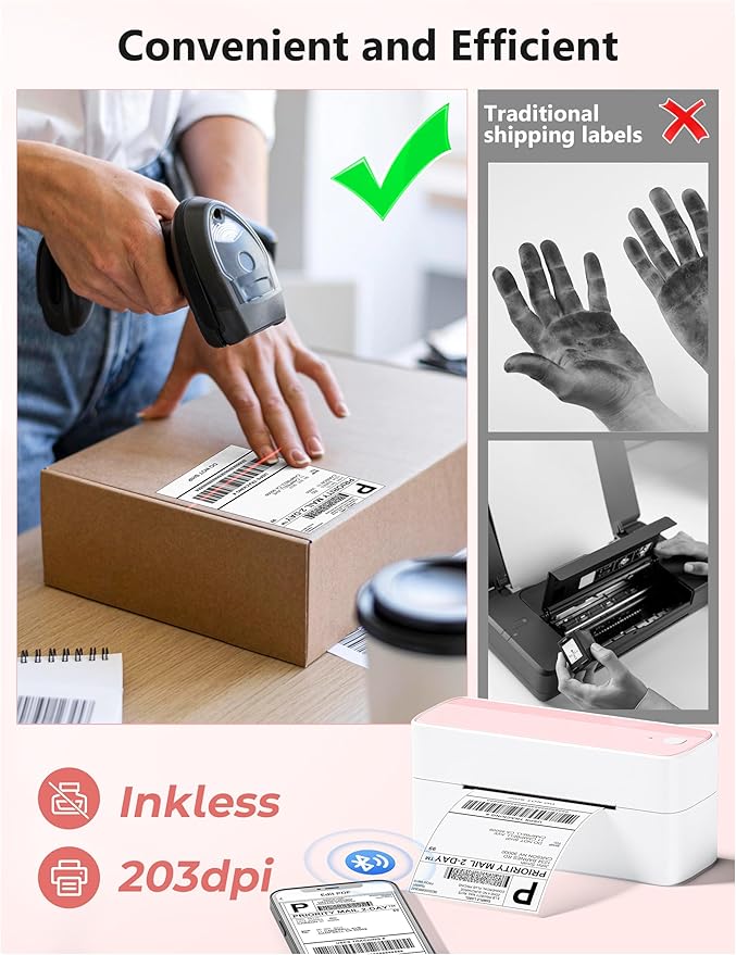 Phomemo Bluetooth Thermal Label Printer, 241BT 4X6 Wireless Shipping Label Printer for Small Business, Pink Labels Printers for Shipping Package, Compatible with iPhone, Android, Shopify, Amazon, USPS
