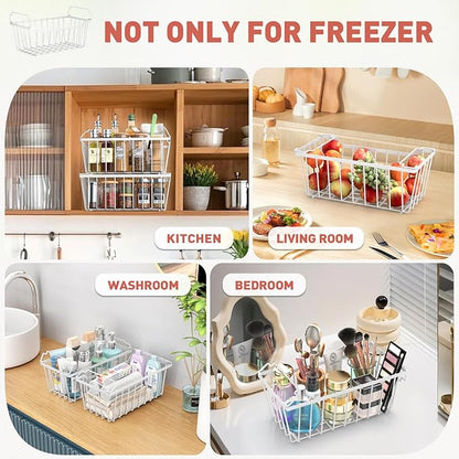 Goovilla Freezer Organizer Bins with Foldable Handle, 8 Pack Stackable Freezer Baskets for 3.5-7 Cu.FT Deep Chest Freezer Organization, White Metal Freezer Storage Bins with Better Space Utilization