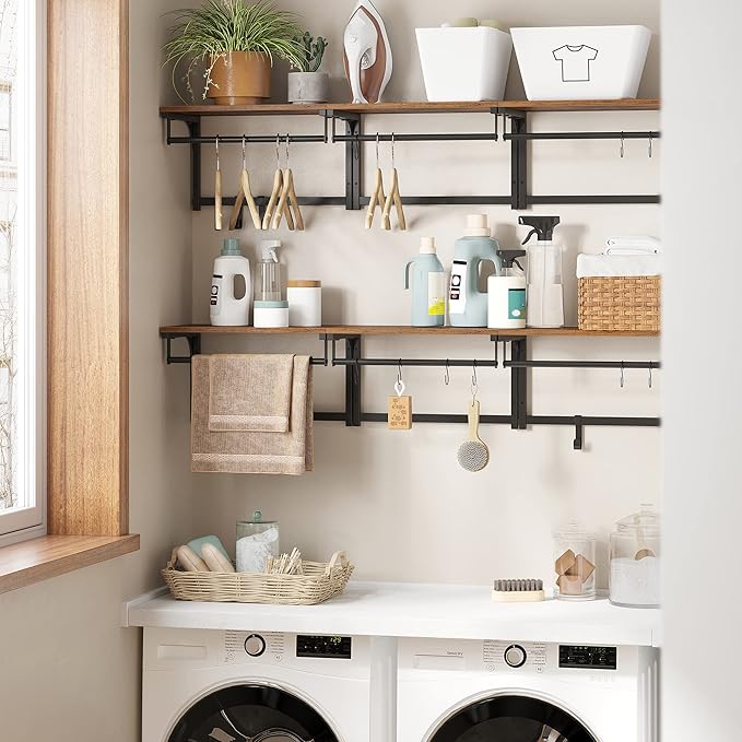 VASAGLE Laundry Room Shelf Wall Mounted, Coat Rack Shelf, with 8 Removable Hooks, for Entryway, Living Room, Kitchen, Bedroom, 15.7 x 9.4 x 9.4 Inches, Rustic Brown and Black ULCR103B01