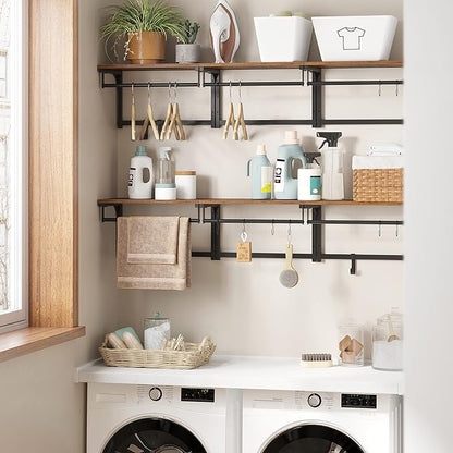 VASAGLE Laundry Room Shelf Wall Mounted, Coat Rack Shelf, with 8 Removable Hooks, for Entryway, Living Room, Kitchen, Bedroom, 15.7 x 9.4 x 9.4 Inches, Rustic Brown and Black ULCR103B01