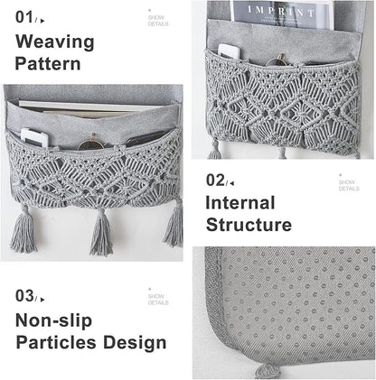 Mkono Macrame Couch Organizer Remote Control Caddy Sofa Armrest Armchair Bedside Storage Holder Bag for TV Remote, Magazine, Books, Cell Phone, iPad, Boho Living Room Home Dorm Decor, Grey