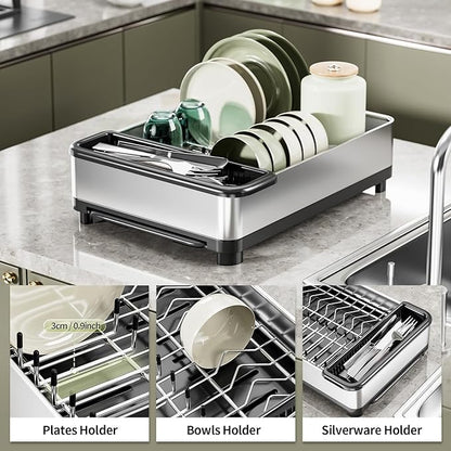 Ewaiira Dish Drying Rack, 304 Stainless Steel Dish Racks for Kitchen Counter, Dish Drainers with Automatic Drainage, Utensil Holder & Cups Holder, Space Saving Kitchen Organizer (1-Tier Silver)