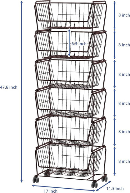 PUSDON Stackable Metal Storage Carts, Dual Use Shelf for Kitchen Fruit Vegetable Baskets with Wheels, Storage Rack for Living Room, Home & Office, Standard Bronze 6 Tiers