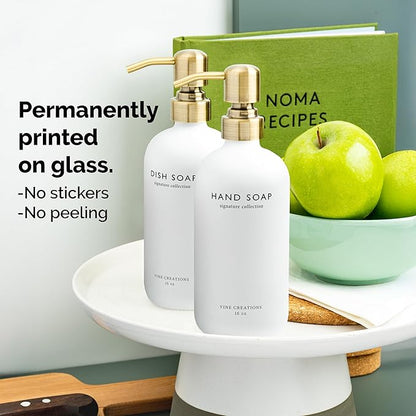 Vine Creations White Glass Soap Dispenser Set, Dish Soap and Hand Soap Dispenser Set with Stainless Steel Pump, 16 oz Glass Dispensers for Kitchen or Bathroom Decor (Matte White Bottle/Brushed Brass)