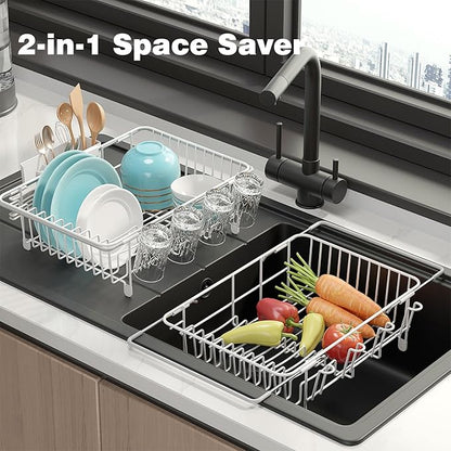 jouzevic Dish Drying Rack in Sink: Expandable, 3-Slot Utensil Holder, Anti-Slip Handle. Small Dish Rack: Ideal for Small Households. Kitchen Drying Rack: White