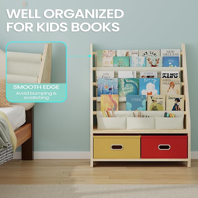 4 Tier Kids Book Shelf, Wooden Kids Book Rack Storage Bookshelf with Toy Storage Organizer, Toddler Sling Bookshelf for Boys, Girls, Play Room, Nursery, Red/Yellow