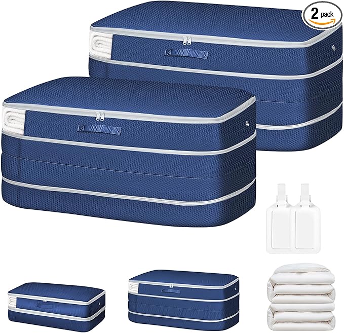 Easortm Comforter Storage Bag - Large Capacity Bedding Storage Bags Ultra Space Saving Self Compression Organizer, Washable Compression Bags for Storage Comforter Blanket Duvet, 2-Pack, Navy Blue