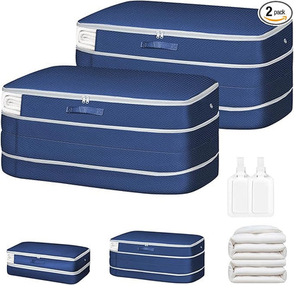 Easortm Comforter Storage Bag - Large Capacity Bedding Storage Bags Ultra Space Saving Self Compression Organizer, Washable Compression Bags for Storage Comforter Blanket Duvet, 2-Pack, Navy Blue