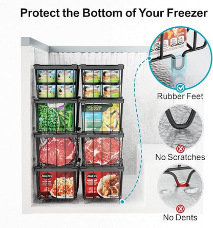 iSPECLE Freezer Organizer Bins - 4 Pack Small Stackable Freezer Baskets for 7 Cu.ft Deep Freezer, Easy Access Food No More Digging, Sturdy Metal Wire Basket Not Scratch Bottom, Black