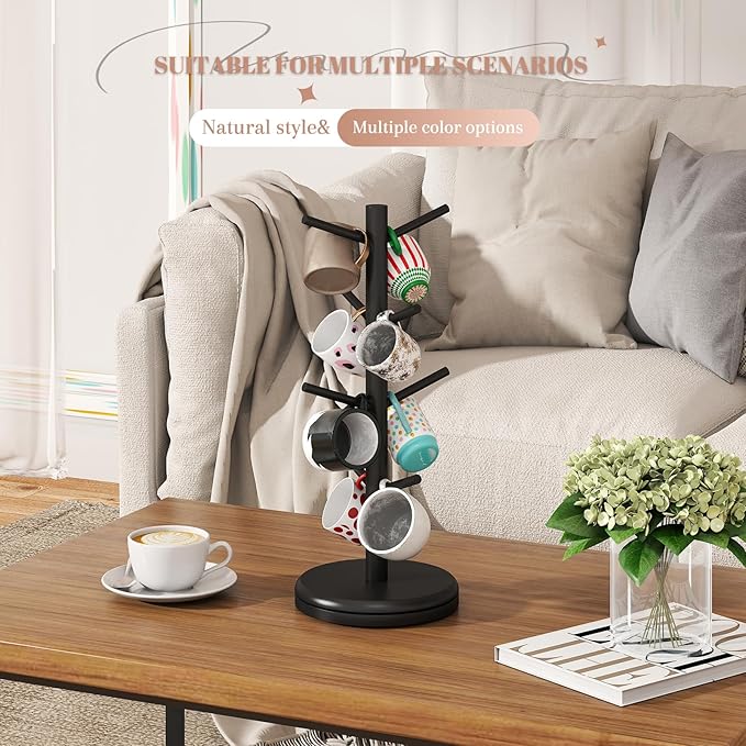 Mug Holder Tree 360° Rotated Mug Tree Coffee Cup Holder Bamboo Rack Stand 8 Hooks for Countertop Cup Rack Kitchen Coffee Bar Organizer Decorative Mug Racks (Black)
