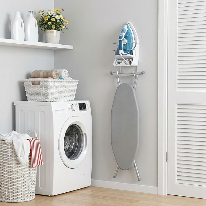 Wall Mount Iron Board Hanger and Ironing Board Storage Organizer Shelf With Removable Hooks for Household Bathroom Laundry Room (White)